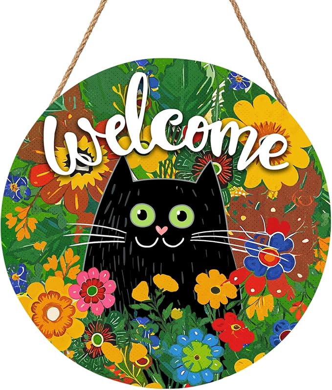 Welcome Spring Summer Black Cat Sign for Front Door Decor Spring Flowers Door Hanger for Outdoor Outside Porch Seasonal Summer Farmhouse Wooden Wreath Colorful Wall Hanging Decoration 12"x12"