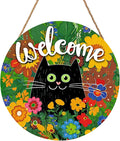 Welcome Spring Summer Black Cat Sign for Front Door Decor Spring Flowers Door Hanger for Outdoor Outside Porch Seasonal Summer Farmhouse Wooden Wreath Colorful Wall Hanging Decoration 12"x12"
