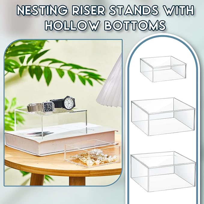 Jerify 6 Pcs Acrylic Risers Display Stands, 5.91'' 5.12'' 3.54'', Clear Square Nesting Pedestal Shelf with Hollow Bottom for Tabletop Jewelry Display, 3 Sized