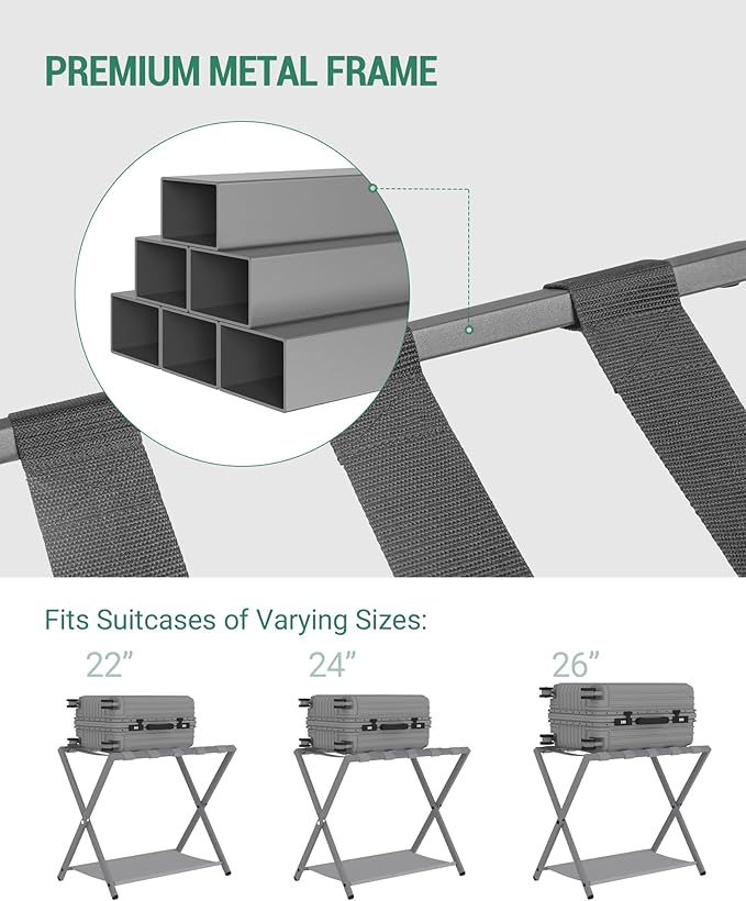 Luggage Rack, Folding Suitcase Stand for Guest, Foldable, Luggage Holders with Shelf, Steel Frame with Nylon Straps for Bedroom, Hotel, Holds up to 154 lb, Grey,1 Pack LR03899G