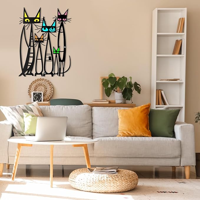 Wesiti Cat Wall Art Decor Iron Wall Sculptures Decor for Cats Lover 10.6 x 15.7 Inches Colorful Mid Century Cat Retro Signs for Home Living Room Bedroom Kitchen Office(Fashion)