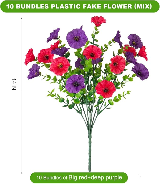 12 Bundles Morning Glory Artificial Flowers for Outdoor Decoration UV Resistant Fake Plastic Plants Artificial Greenery for Indoor Outdoor Garden Patio Window Box Home Decor