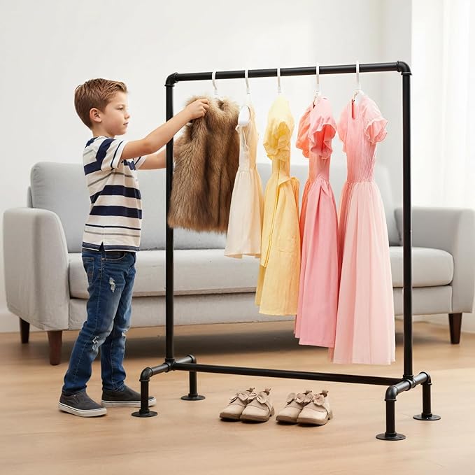 Kids Pipes Dress up Clothing Rack, Kids Clothes Rack, Child Garment Rack, Hanging Clothes Rod Storage Shelf Organizers Shelves Shelving, Black Metal