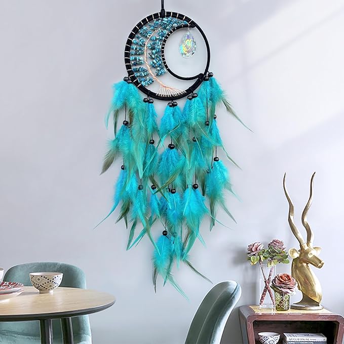 Blue Dream Catcher Wall Decor Tree of Life Dream Catchers with Crystal Pendant Handmade Feather Dreamcatcher Wall Hanging Ornament for Bedroom Living Room Home Decor
