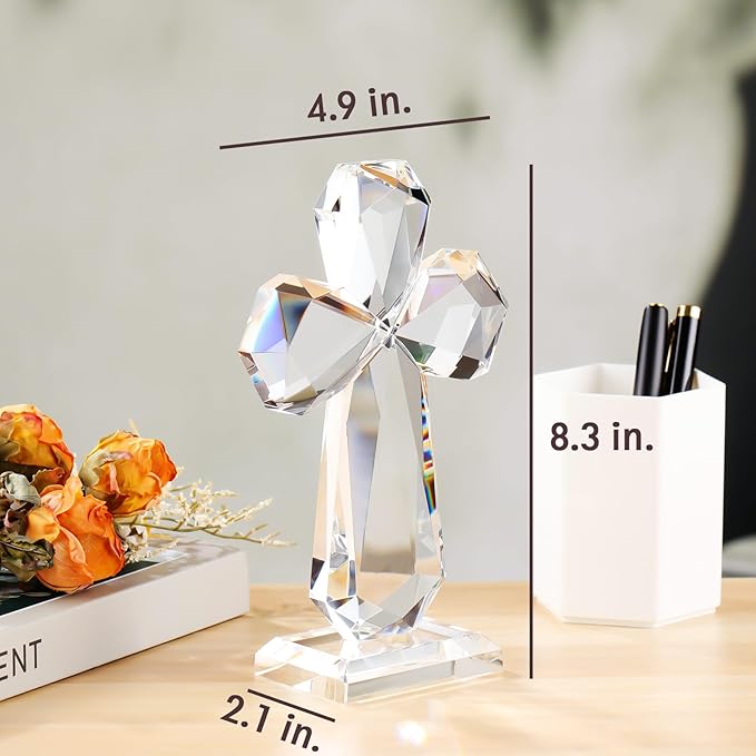 YWHL Clear Crystal Standing Cross Figurine Decor, Holy Cross Collectible Figurines Decoration, Religious Gifts for Women Men, Handmade Christian Easter Cross for Home Office