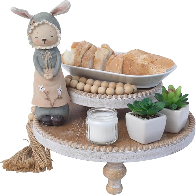 SwallowLiving Rustic Set of 2 Round Wood Tray Riser Farmhouse Pedestal Stand with Beaded Edge for Decor Wooden Finish Cupcake Display for Cakes and Decorative Items 11.8/7.5 inches