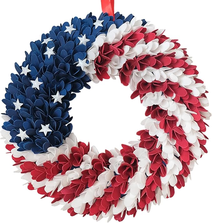 18 Inch Patriotic Red White Blue Wreath for Front Door, 4th of July Soft Touch Flower Wreath for Indoor Outdoor, Independence Day Memorial Day American Flag Wreaths
