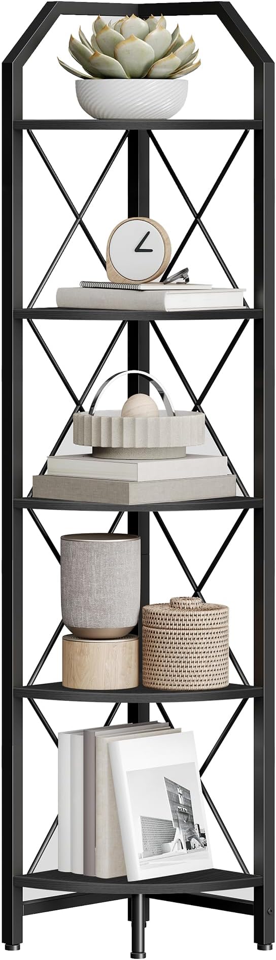 CHOEZON 5-Tier Corner Shelf, Industrial Corner Bookshelf, 59.4" Corner Storage Stand, Plant Stand Display Shelf, Corner Bookcase for Bedroom, Living Room, Home Office, Black TCJ10BB