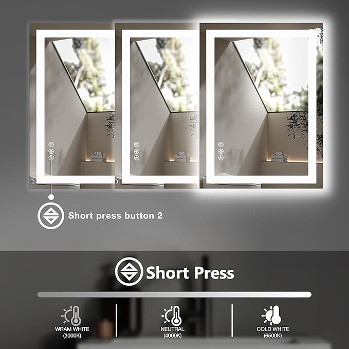 DUMOS 24.1"x36.1" LED Bathroom Mirror, Smart Anti-Fog Bathroom Vanity Mirror with Front Light & Backlit, 3 Color Temperatures, Dimmable, Memory Function