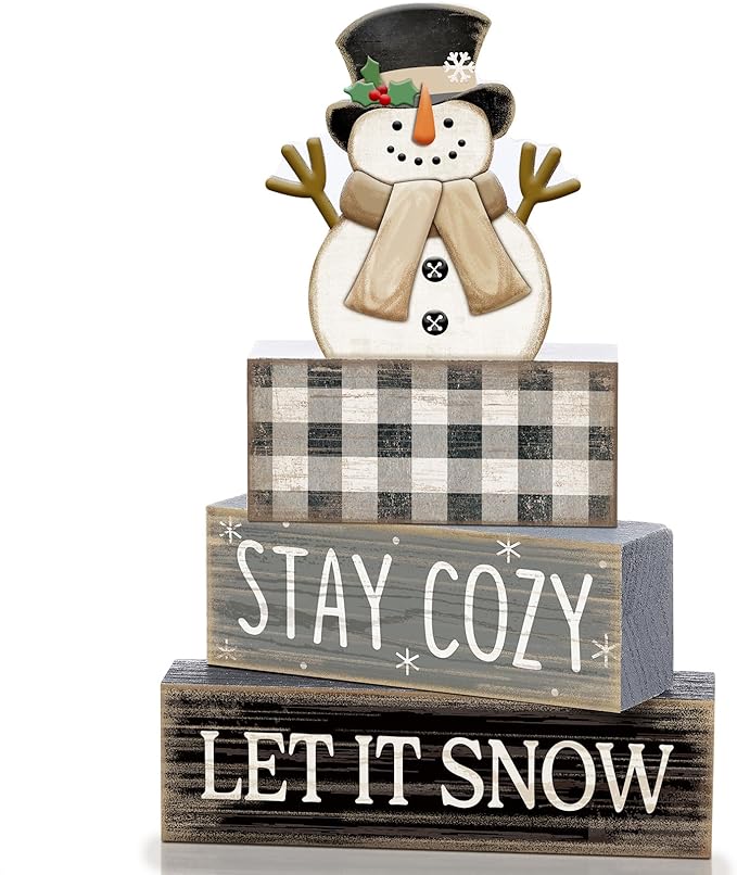 Yuntau 4 Pcs Winter Table Decorations Wooden Snowman Winter Tiered Tray Decor Rustic Block Signs Gift Farmhouse Christmas Centerpiece for Tables Party Kitchen Shelf Home