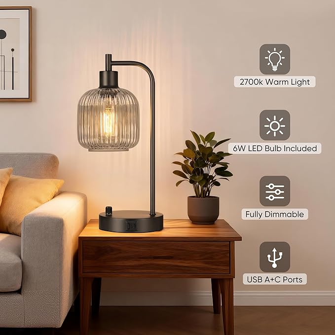 QiMH Industrial Table Lamp for Bedroom Set of 2, Grey Glass Beside Lamp with USB A&C Ports, Stepless Dimmable Black Lamps, Nightstand Lamps for Living Room, Office, Home Decor(Bulb Included)