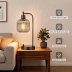 QiMH Industrial Table Lamp for Bedroom Set of 2, Grey Glass Beside Lamp with USB A&C Ports, Stepless Dimmable Black Lamps, Nightstand Lamps for Living Room, Office, Home Decor(Bulb Included)
