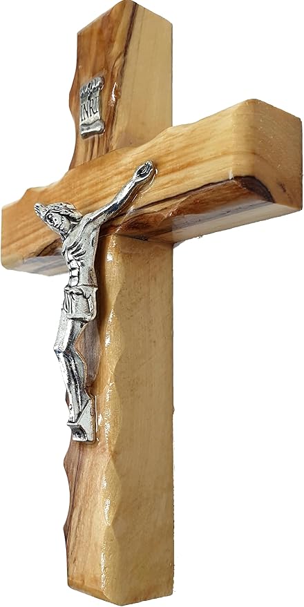 Zuluf 4.7" Catholic Wall Crucifix Olive Wood Cross with Silver Jesus Corpus – Handmade Christian Religious Wall Hanging Decor – Faith Gift from Jerusalem CRS058