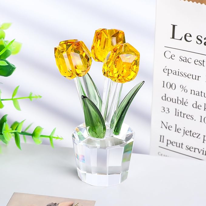 Movdyka Tulips Glass Flowers Figurines Crystal Decor Collectible Crystal Yellow Flowers Bouquet Ornaments Tulip for Women on Anniversary Wedding Christmas Valentines