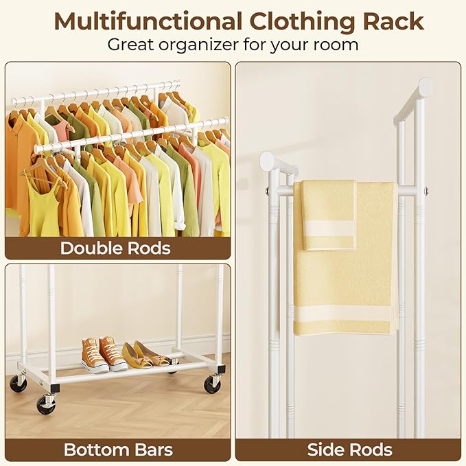 Double Rods Clothes Rack, Rolling Clothing Rack for Hanging Clothes Portable Wardrobe Rack, Metal Garment Rack Sturdy Coat Rack for Bedroom Laundry Living Room, White