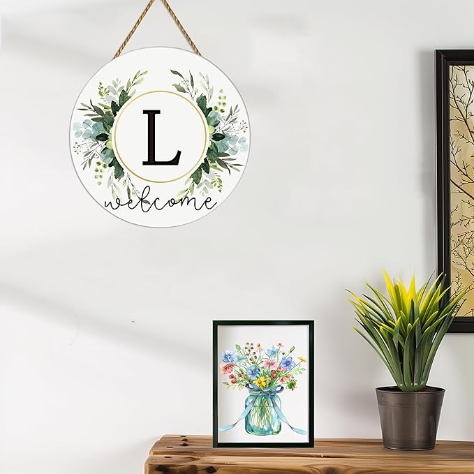 Monogram Letter L Wreaths for Front Door Wreath Wooden Welcome Sign for Front Door Decor Floral Family Last Name Initial House Warming Spring Summer Porch Rustic Wall Home Kitchen Boho Decorations