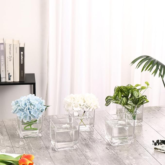 Square Glass Vases Set of 6, 4" x 4" x 4" Square Flower Vases for Centerpieces, Clear Vase for Flowers, Small Vase for Wedding, Party, Home Office Decoration