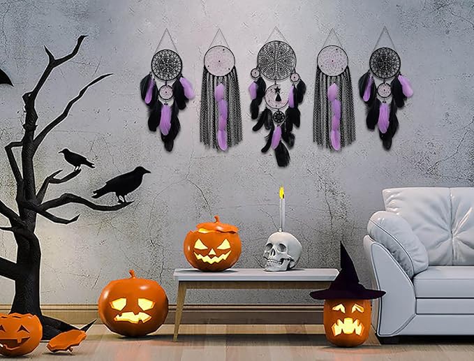 5 Pack Black Purple Dream Catchers Wall Decor Moon and Sun Feather Handmade Traditional Dreamcatchers Large Boho Macrame Wall Hanging Native American Decor for Bedroom Adult Halloween Decorations