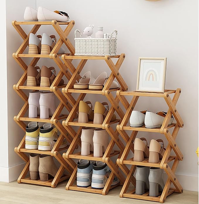 9 Tier Bamboo Shoe Rack, The 9-Tier No-Assembly Bamboo Rack, Foldable Bamboo Shoe Rack, Foldable Vertical Organizer, Vertical Shoe Organizer for Small Spaces (Nature)