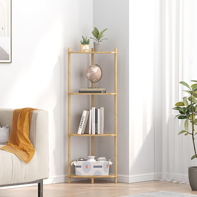 Wisuce Corner Shelf Stand - 4 Tier Bamboo Small Corner Bookshelf for Office Kitchen Bedroom Plant Stand Living Room Decor Small Space (Nature)