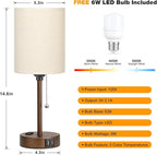 Dicoool Small Bedside Table lamp for Bedroom - 3 Color Temperatures Brown Bedside Lamps with USB C and A Ports, Pull Chain Table Lamps with AC Outlet, Black Nightstand Lamps for Kids Reading Study