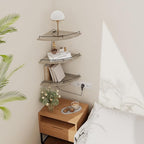 JJL Corner Shelf Wall Mounted, 12 Inches 3-Tier Floating Corner Shelf, Fan-Shaped Rustic Wood Decor with Fence, Gray Wood Grain Floating Shelves for Apartment Bedroom Kitchen Bathroom