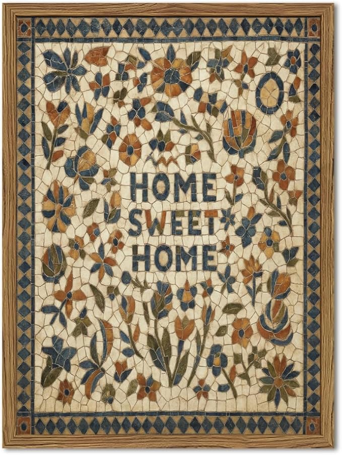 Vintage Mosaic Floral Wall Art Home Sweet Home Tile Florals Wall Decor Painting, Retro Country Boho Poster Canvas Print Picture for Living Room Bedroom 12x16 inch Wood Framed
