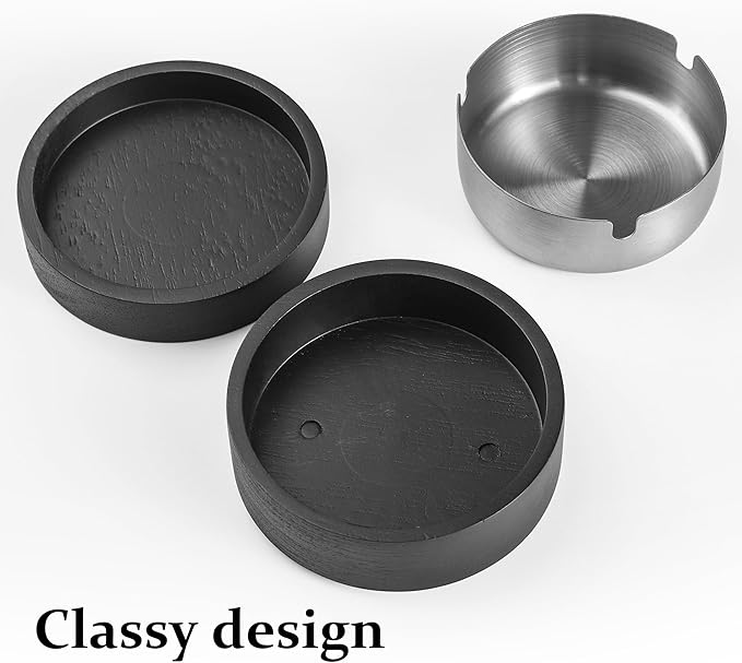 Cute Ashtrays for Cigarettes Ash Tray with Lid DDAJJAJ Wooden Ashtray with Stainless Steel Portable Decorative Ashtray Windproof Ashtray for Home,Patio,Office,Outdoors,Indoor,Parties (Black)