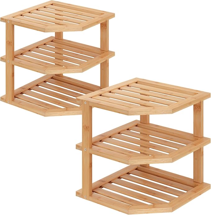 VERTORGAN 3 Tier Bamboo Corner Shelf(2 Pack),Plate Organizer,Dish Drying Rack,Kitchen Spice Rack for Countertop and Cabinet