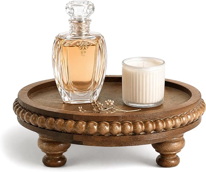 EOSAHR Acacia Round Wood Display Riser for Home Decor – Beaded Pedestal Tray for Perfume Organizer, Bathroom Tray & Kitchen Counter Decor - Farmhouse Boho Accent for Apartment(Acacia Wood)