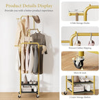 Chrislley Small Clothing Rack With Wheels, 71" Portable Rolling Garment Rack With 2 Shelves and 6 Hooks, 3-Section Different Heights Heavy Duty Metal Clothes Rack For Coats, Shirts, Bags, Shoes, Gold