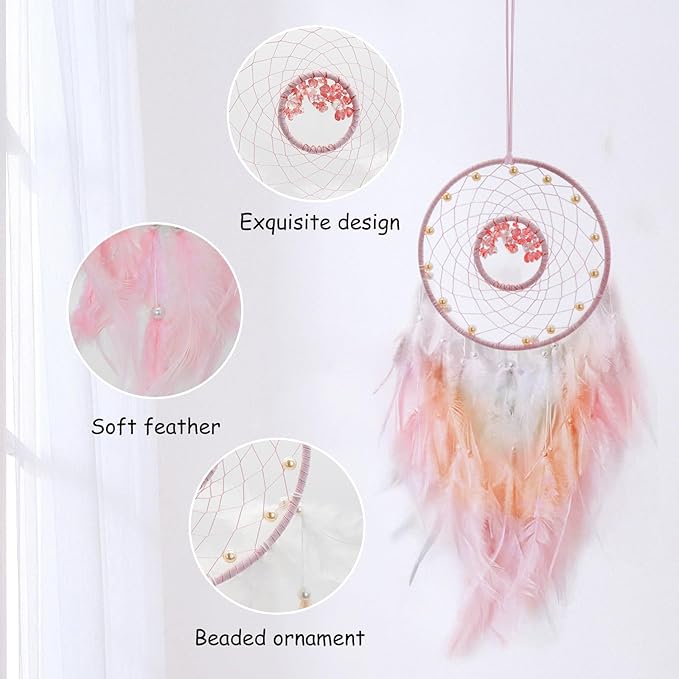 Dream Catchers, Handmade Dreamcatcher Aesthetic Room Decor, Sweet Dream Catcher Wall Decor for Bedroom, Living Room, Office (Pink)