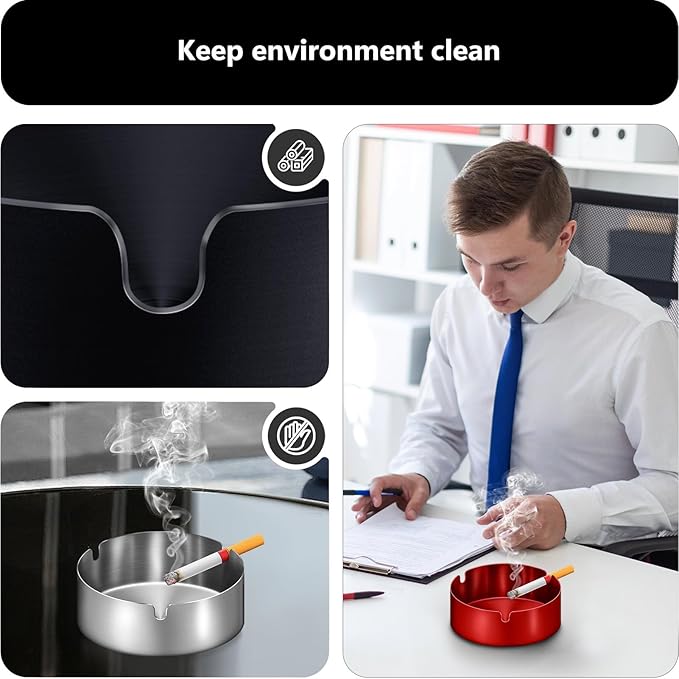 roygra Ash Tray (2 Pack), Outdoor Ashtray for Outside Patio, Stainless Steel Ashtrays for Cigarettes with 3 Holder, Smoking Accessories, Home Décor, Ashtrays for Smokers Indoor - Red, Large