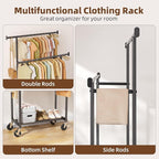 Simple Trending Clothes Rack, Double Rods Clothing Rack for Hanging Clothes, Metal Garment Rack with Rolling Wheels, Portable Wardrobe Closet Rack for Coat, Bedroom, Laundry, Black