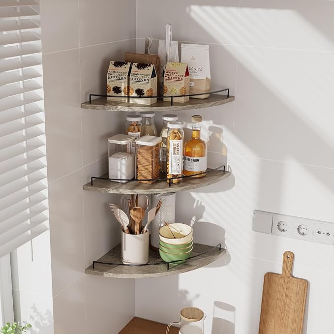 JJL Corner Shelf Wall Mounted, 12 Inches 3-Tier Floating Corner Shelf, Fan-Shaped Rustic Wood Decor with Fence, Gray Wood Grain Floating Shelves for Apartment Bedroom Kitchen Bathroom