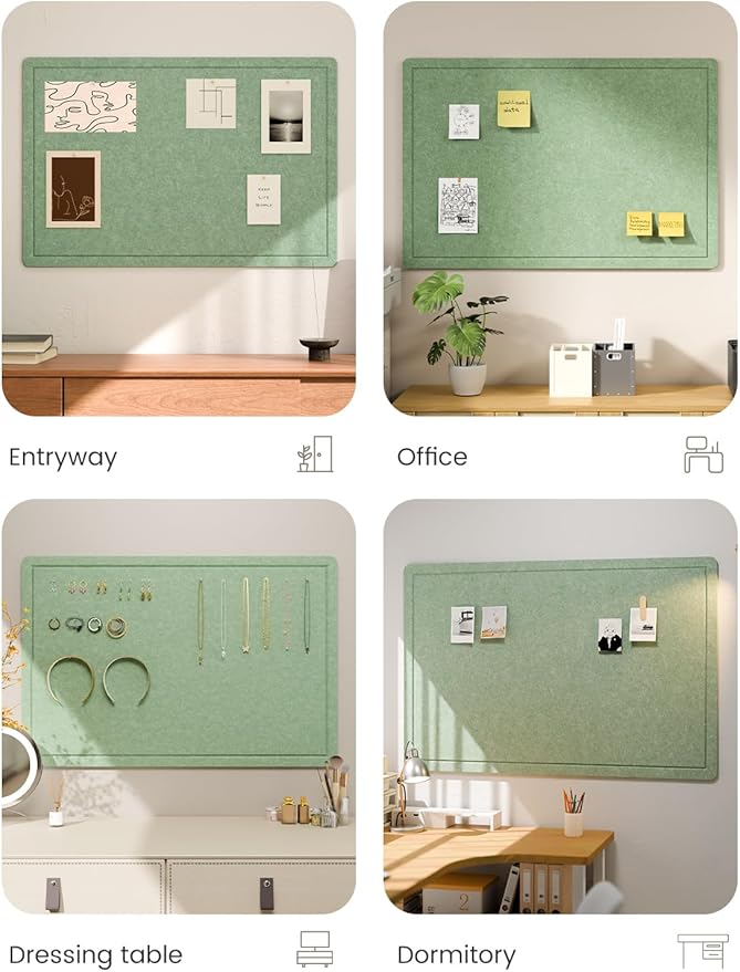 Fluxynara Bulletin Board,35.4" x 23.6" Cork Board Alternative with 12 Safe Removable Adhesive Tabs, Foldable Felt Pin Board for Home Office, Classroom, Bedroom,Entryway for Walls—Moss Green