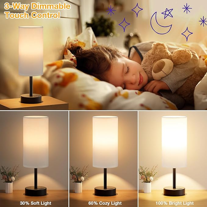 Dicoool White Touch Table Lamp with USB - 3 Way Dimmable Bedside Lamp for Nightstand, Bedroom Lamp with Black Charging Station for Desk, Office, Kids Room, Dorm, Small