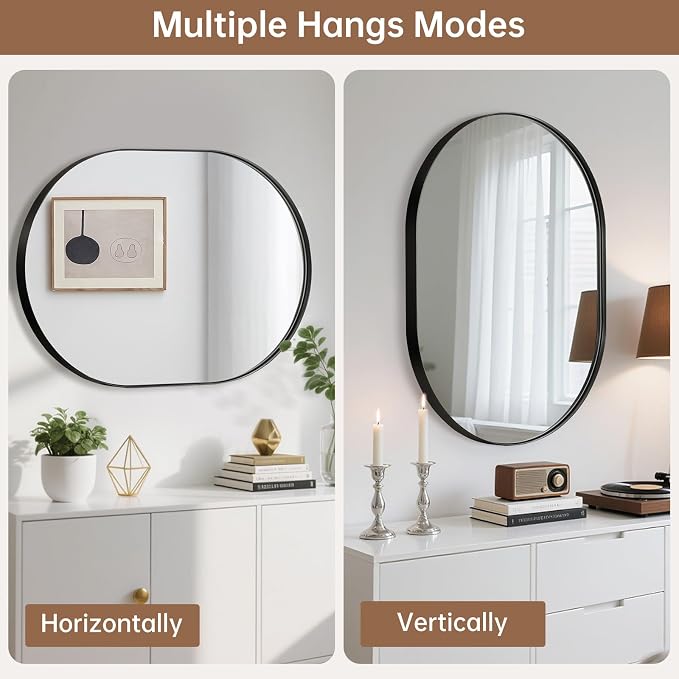Black Oval Mirror, 17"x30" Oval Bathroom Mirror, Matte Black Mirror with Aluminium Alloy Frame, Anti-Rust, Tempered Glass, Wall-Mounted Modern Mirror for Bathroom, Bedroom, Living Room