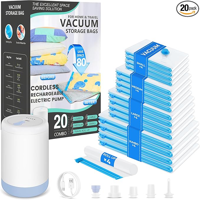 Travel Vacuum Bags with Rechargeable Cordless Pump, 20 Pack Vacuum Seal Bags for Clothing Travel Compression, Space Saver Vacuum Storage Bags for Clothes, Blanket, Bedding, Pillows, Comforters