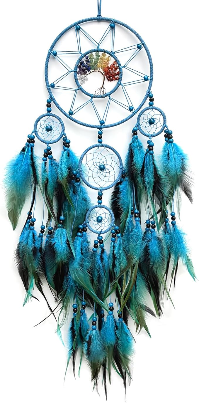Blue Large Dream Catcher Wall Decor Crystal Tree of Life Dream Catchers Handmade Feather Dreamcatcher Wall Hanging Ornament for Bedroom Living Room Home Decor