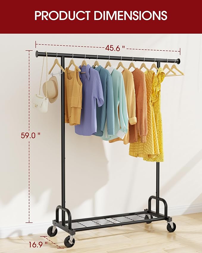 Clothes Rack - Large-Capacity Clothing Racks for Hanging Clothes with Lockable Wheels, Space-Saving Metal Coat Rack for Bedroom, Laundry Room, Entryway, 45.6" x 16.9" x 59", Black