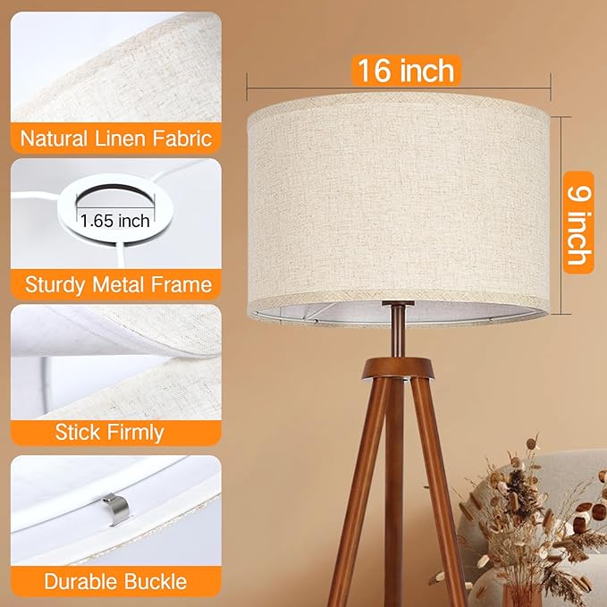 OUTON Beige Large Drum Lamp Shades for Floor Lamps, 16" Top x16" Bottom x 9" High, Easy to Assemble, Replacement Linen Lampshades for Table Lamps & Bedside Lamps (1.65" Spider)