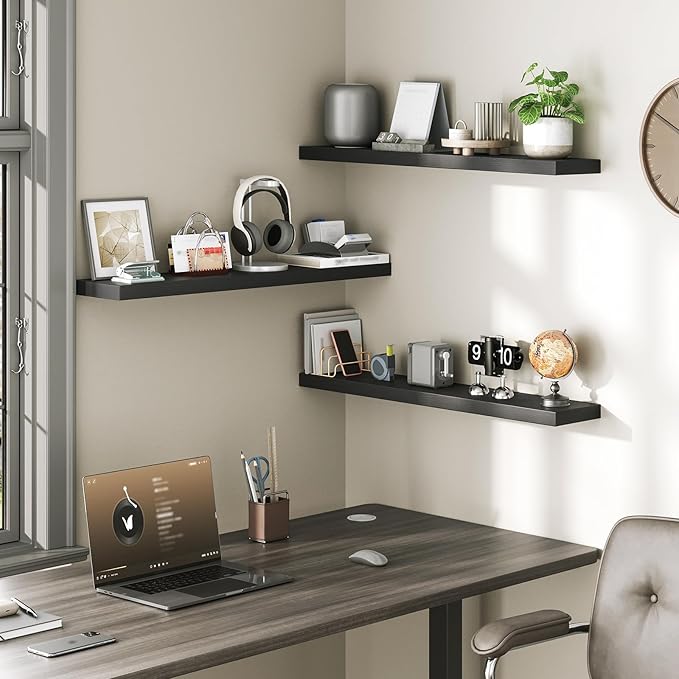 RALGEND Floating Shelves for Wall, 1.5" Thick Wall Shelf Set of 3 with Invisible Brackets, L31.5 x W7.9 Hanging Book Shelves Farmhouse Home Decor for Bathroom, Living Room, Bedroom, Black 8301BJP3BK