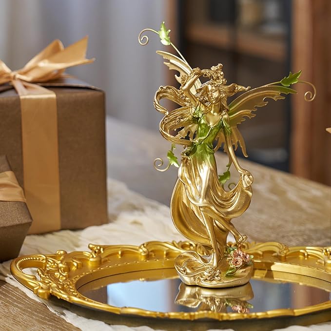 Elegant Fantasy Decor, Hand-Painted Angel Figurine Graceful Fairy Sculpture for Bookshelf, Mantel, Indoor Outdoor Decor, Thoughtful Gift for Women, Girls (Lifting Skirt)