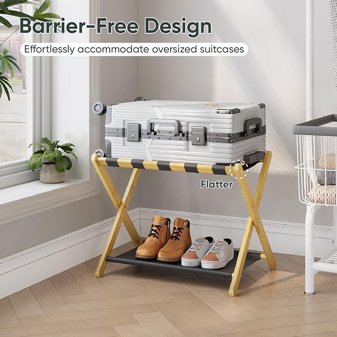 2 Pack Luggage Rack, Folding Luggage Rack for Guest Room, Bamboo Suitcase Stand Holds up to 131 lb, Luggage Stand with Storage Shelf for Hotel, Bedroom