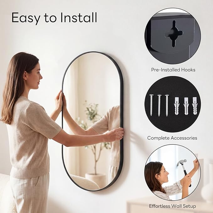 Sweetcrispy 24" x 36" Black Bathroom Mirrors for Wall, Oval Wall Mirror with Metal Frame, Tempered Glass, Modern Vanity Mirror for Over Sink, Living Room, Bedroom, Entryway, Horizontal or Vertical