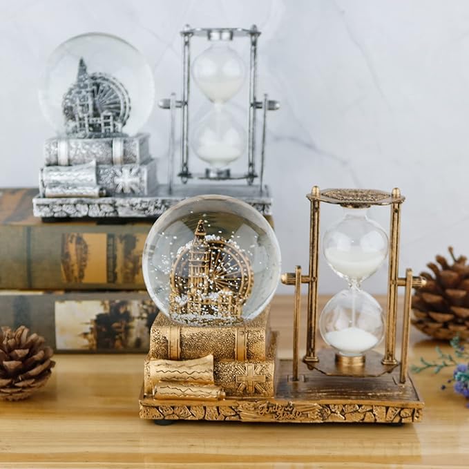 LED MusicCrystal Snow Globe， Sand Timer ，Hourglass,Home Decor,Table Decor for Living Room ，Office Desk Decorations[Brass Ferris Wheel]