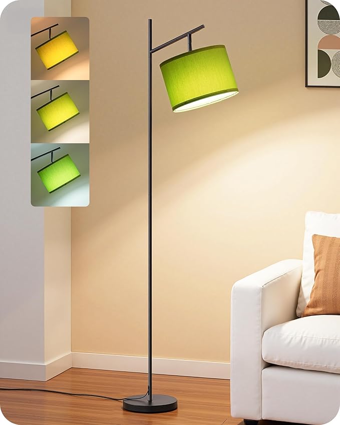 EDISHINE Modern Floor Lamps for Living Room, 64.7" Minimalist Standing Lamp with 3 Color Temperatures Bulb & Adjustable Linen Shade, Foot Pedal Switch, Arc Tall Lamp for Office Bedroom, Green Shade