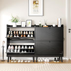 Shoe Storage Cabinet with 2 Flip Drawers, Freestanding Entryway Shoe Cabinet with 2 Side Hooks & Adjustable Shelves Slim Shoe Organizer Cabinet Narrow Shoe Rack for Entrance Hallway Front Door,Black