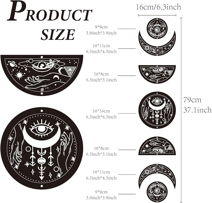 CREATCABIN 7Pcs Eyes Hands Moon Cycle Decor Boho Ornament Half Round Wood Pendant Moon Phase Decoration Halloween Ramadan Home Art Wall Hanging for Bedroom Farmhouse Gallery Apartment Bar 37.1x6.3in